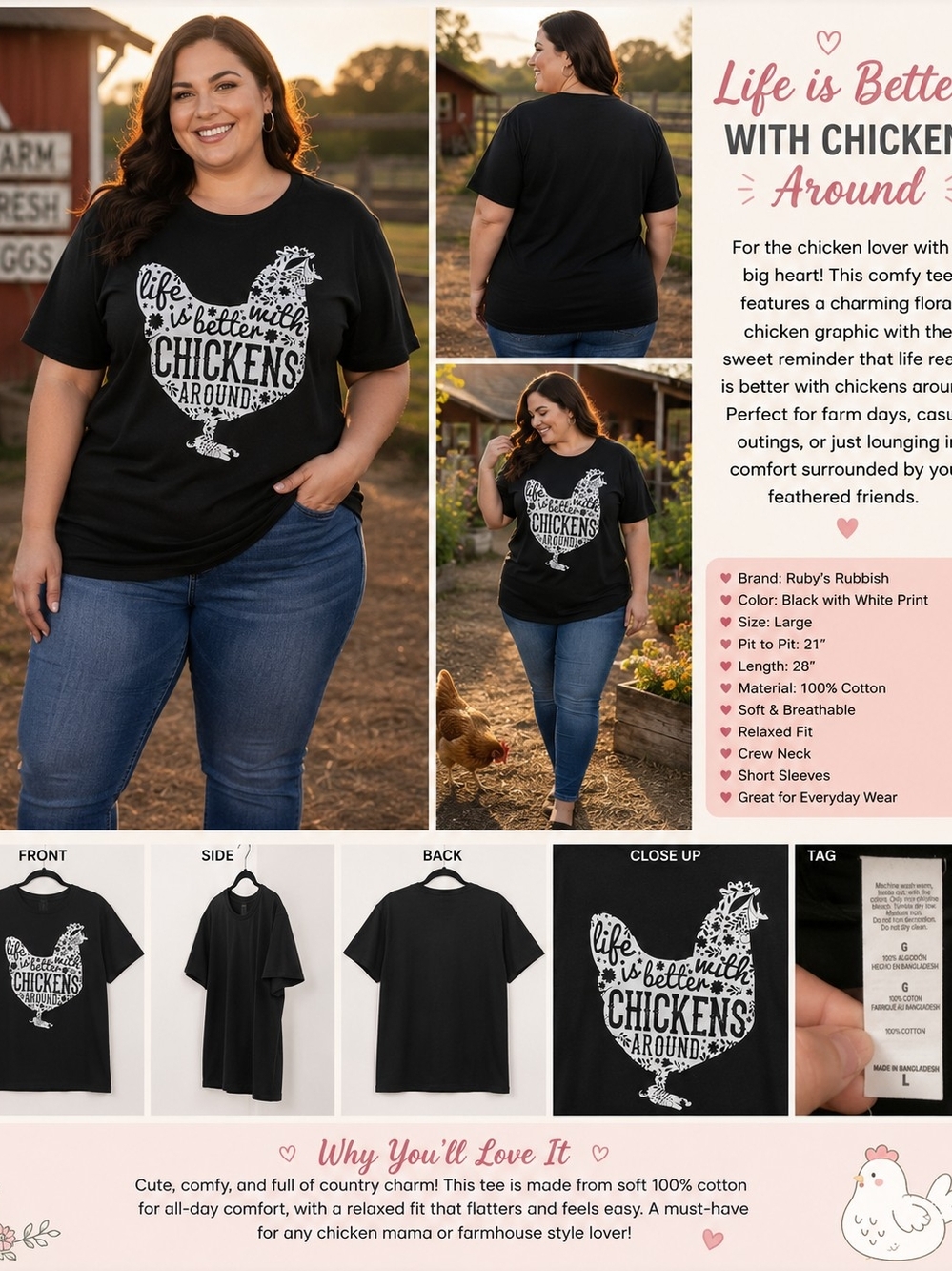 P144 🐔🖤 Cluckin’ Cute – Life Is Better With Chickens Tee
